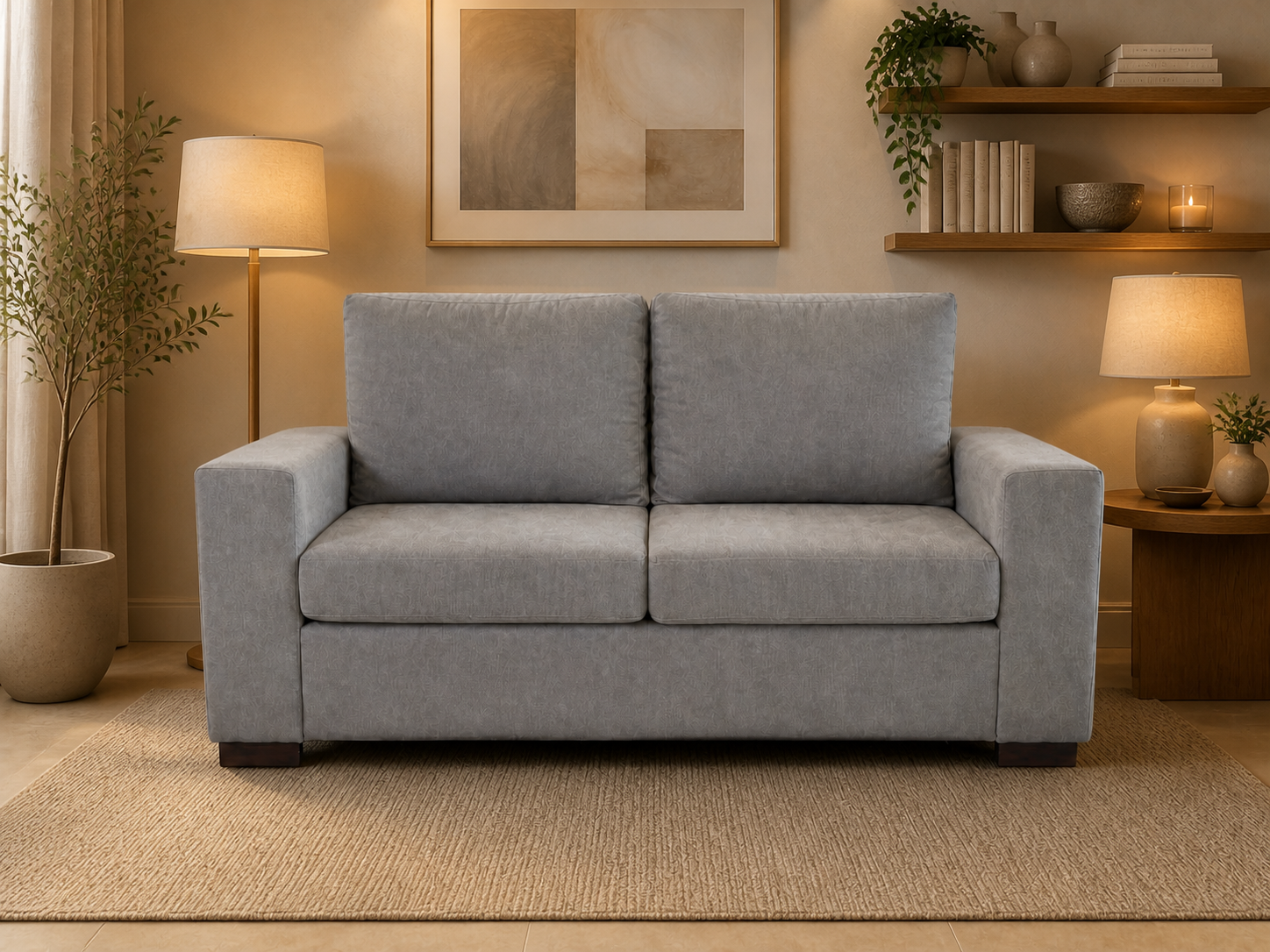 Sillón Magdalena gris en un living con lámparas cálidas, cuadros y estantes de madera.