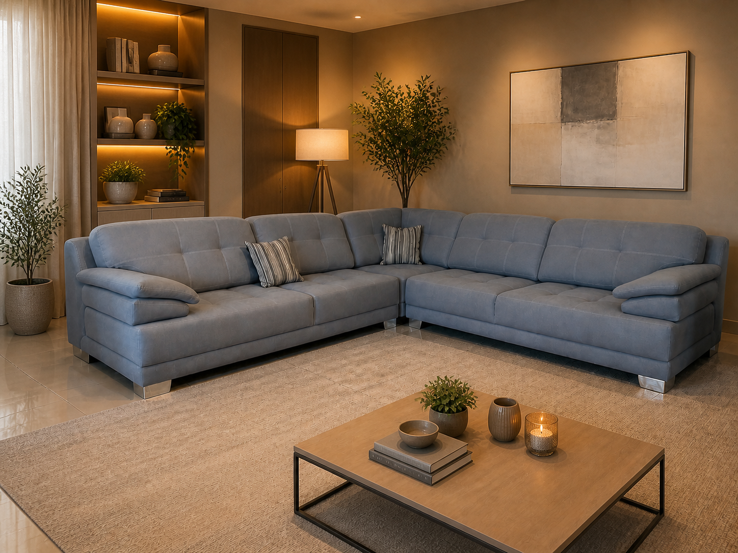 Esquinero Palermo gris en un living cálido, con madera, luz suave y una mesa ratona.